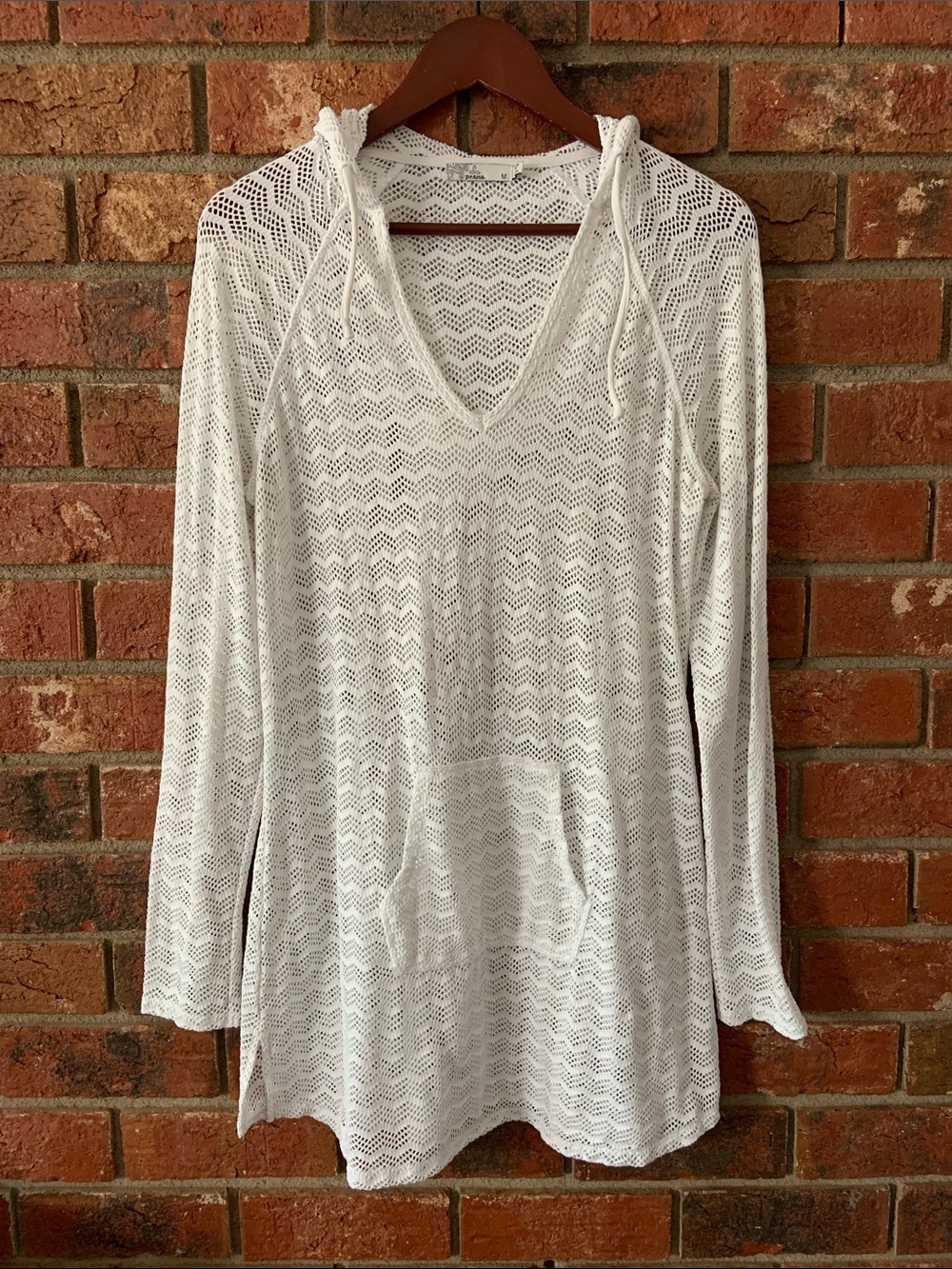 Prana White Open-Knit Long Sleeve Hooded Swim Coverup